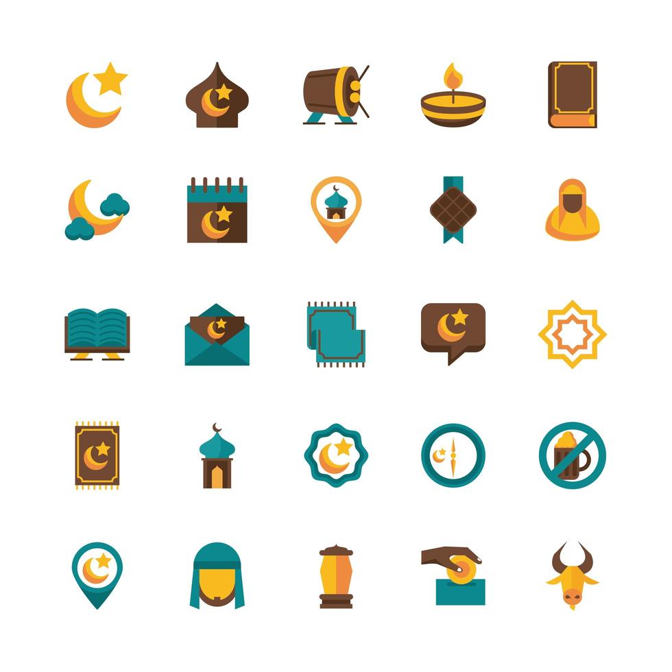 Islam religión establece iconos de estilo plano vector