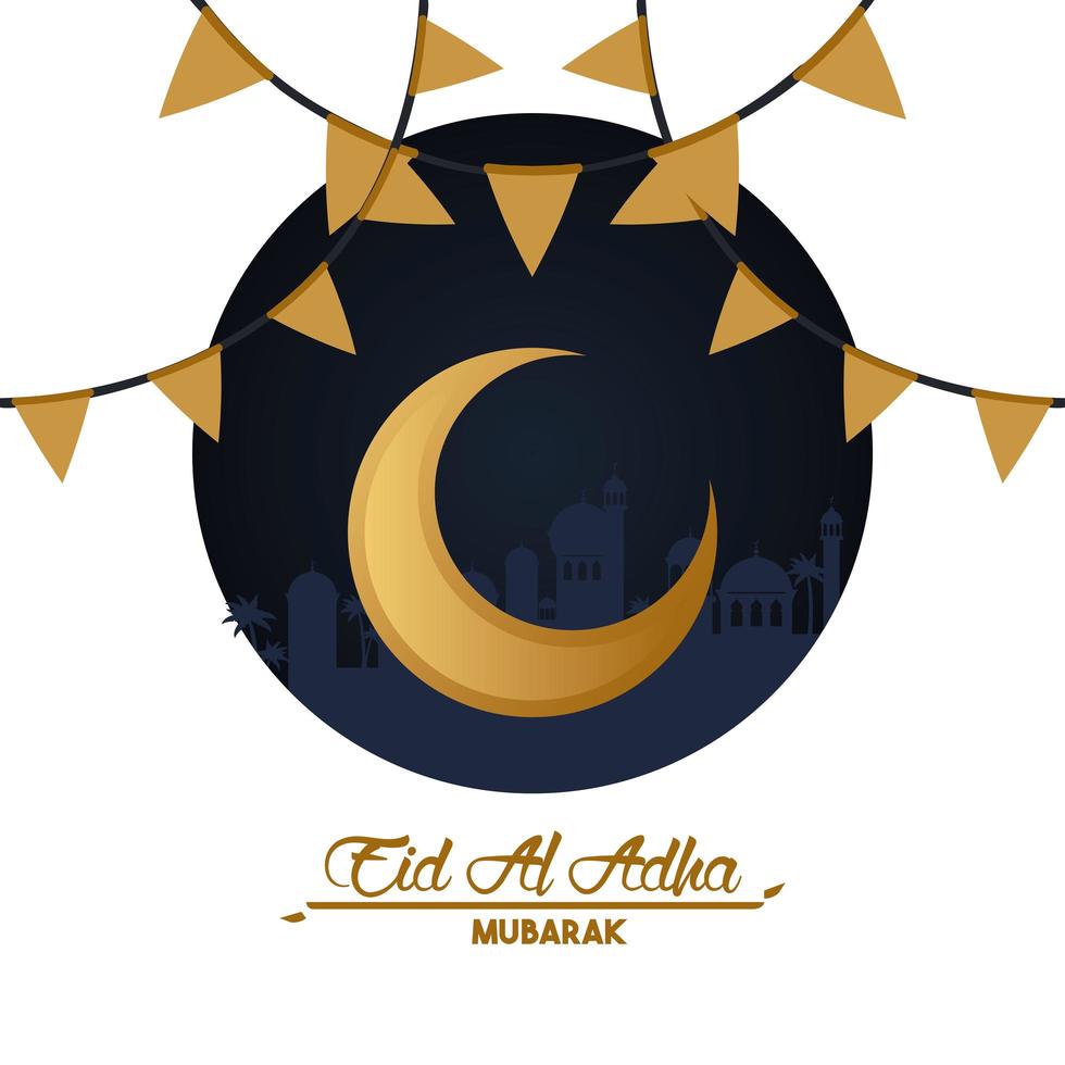 eid al adha celebration card with moon and garlands vector