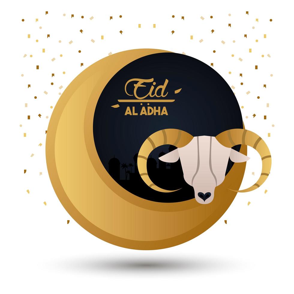 eid al adha celebration card with moon and goat vector