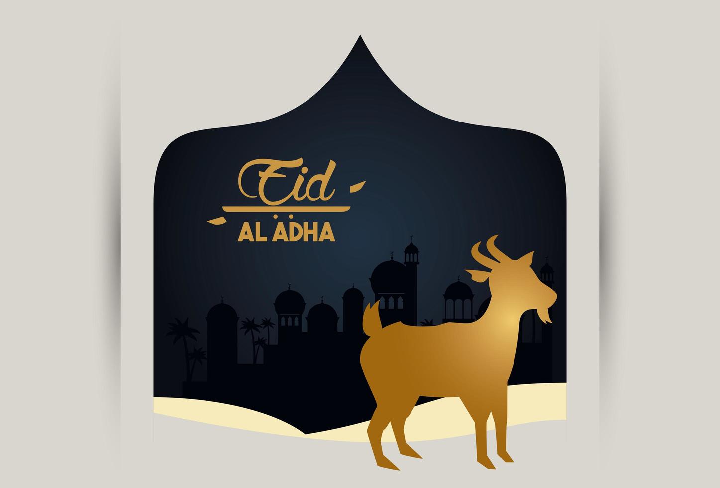 Tarjeta de celebración de eid al adha con cabra dorada en marco elegante vector