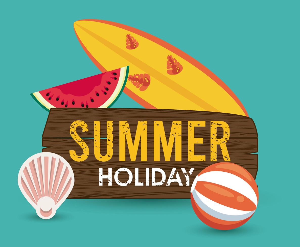 summer holiday label with surf board vector