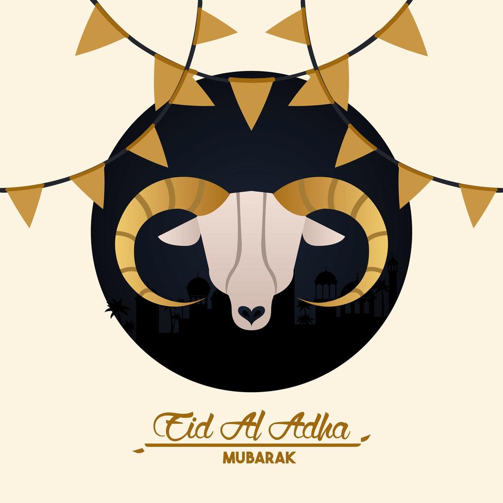 Tarjeta de celebración de eid al adha con cabeza de cabra y guirnaldas. vector