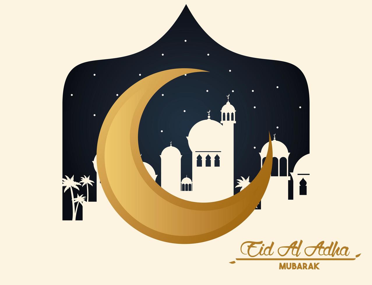 tarjeta de celebración de eid al adha con luna y paisaje urbano vector