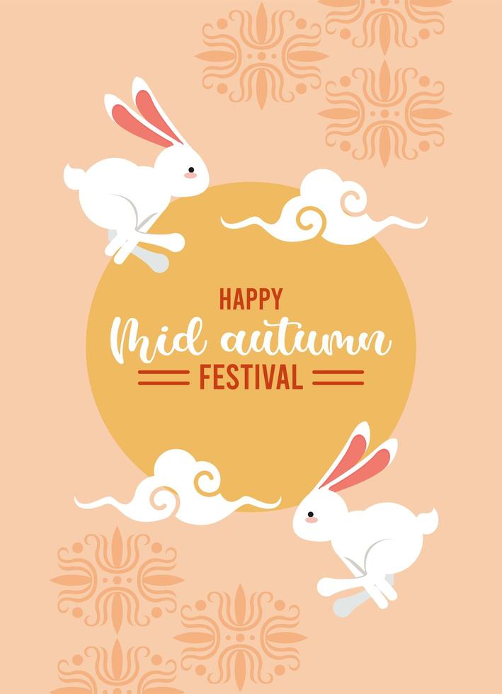 happy mid autumn lettering card with rabbits jumping and clouds vector