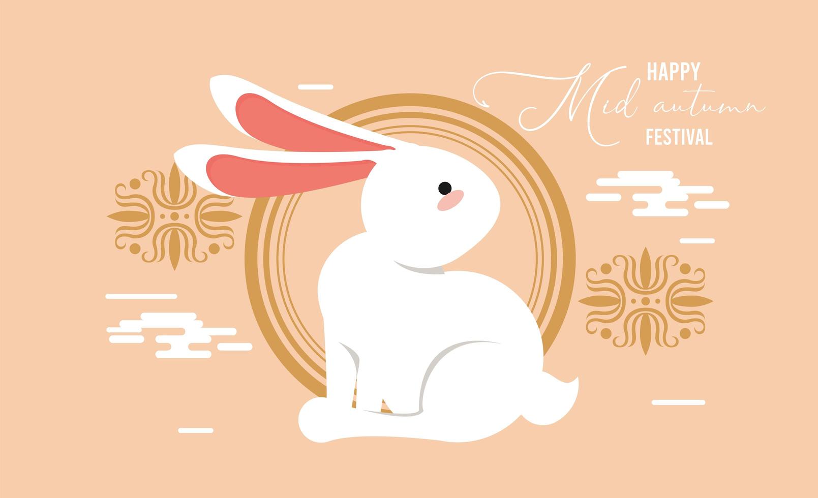 happy mid autumn lettering card with rabbit and chinese letters vector