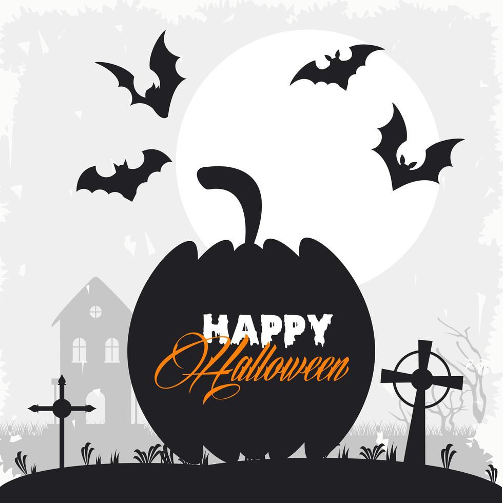 Feliz tarjeta de celebración de Halloween con murciélagos volando y calabaza en el cementerio vector