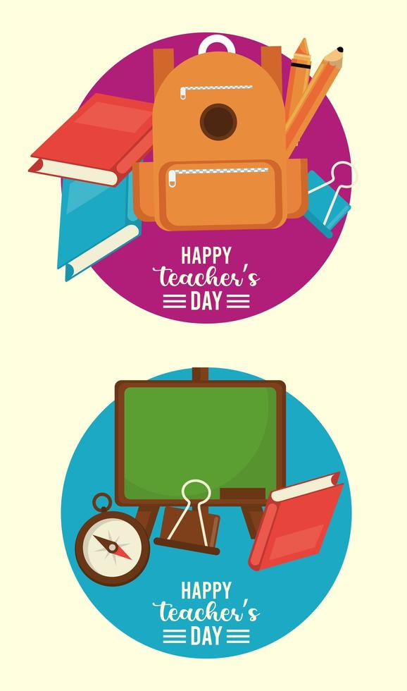 tarjeta del día del maestro feliz con mochila y útiles vector