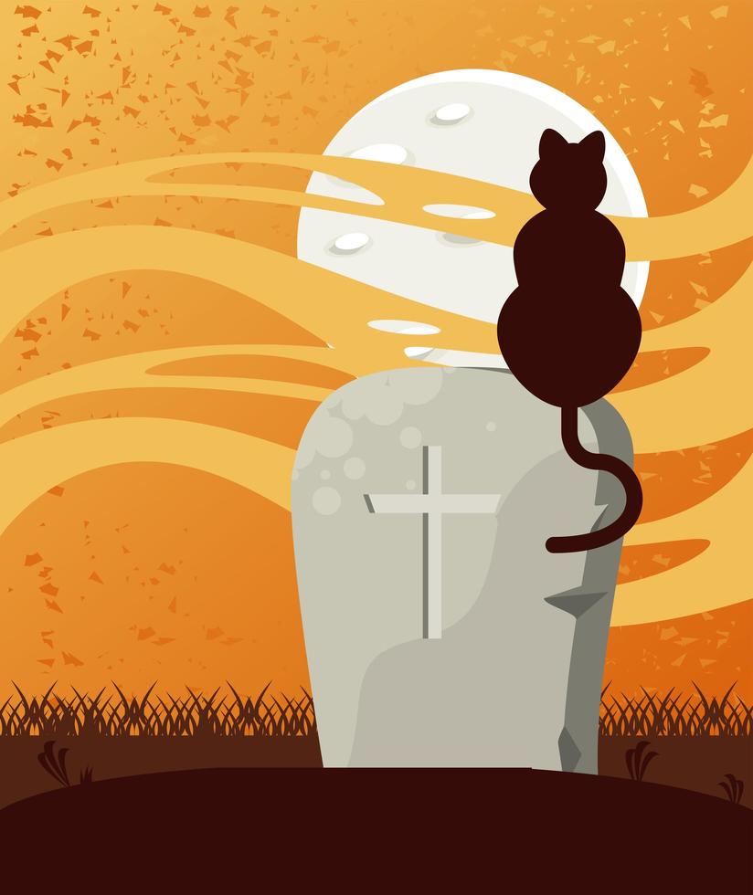 happy halloween celebration card with grave and cat scene vector