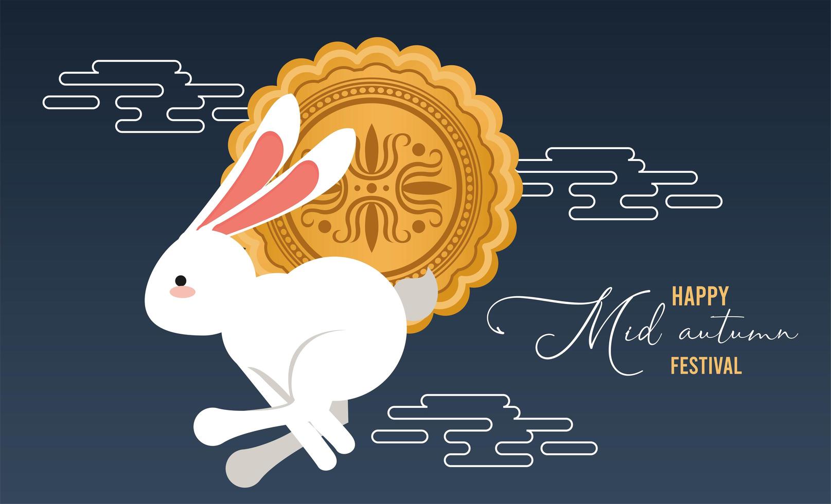happy mid autumn lettering with rabbit jumping vector