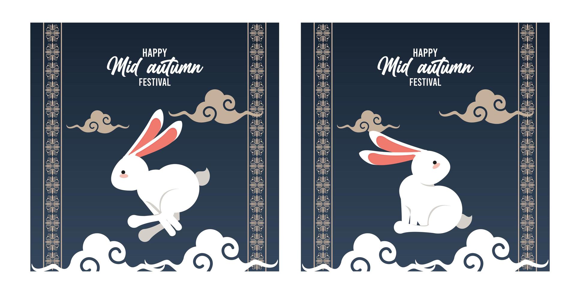 happy mid autumn lettering card with rabbits and clouds vector