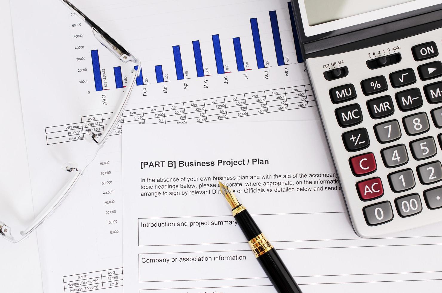 Business concept with Fountain pen and eyeglasses and calculator on business plan photo
