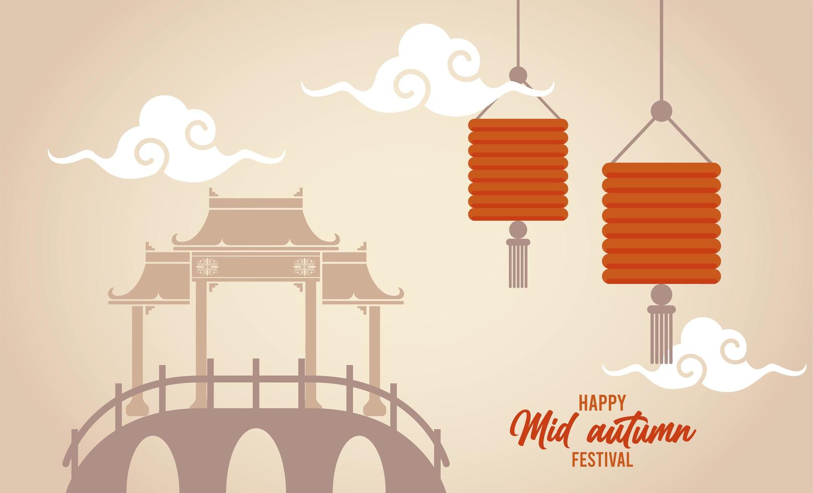 happy mid autumn lettering card with chinese arch and lanterns hanging vector