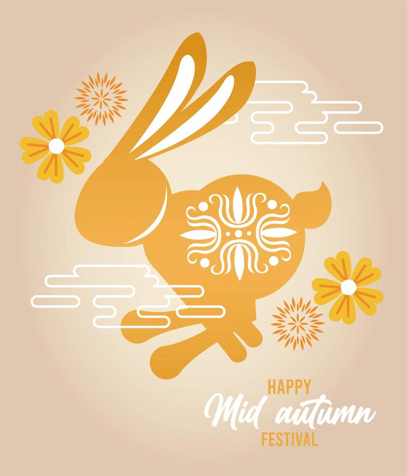 happy mid autumn lettering card with golden rabbit jumping vector