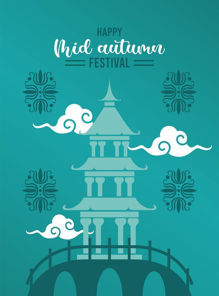 happy mid autumn festival lettering card with chinese castle vector