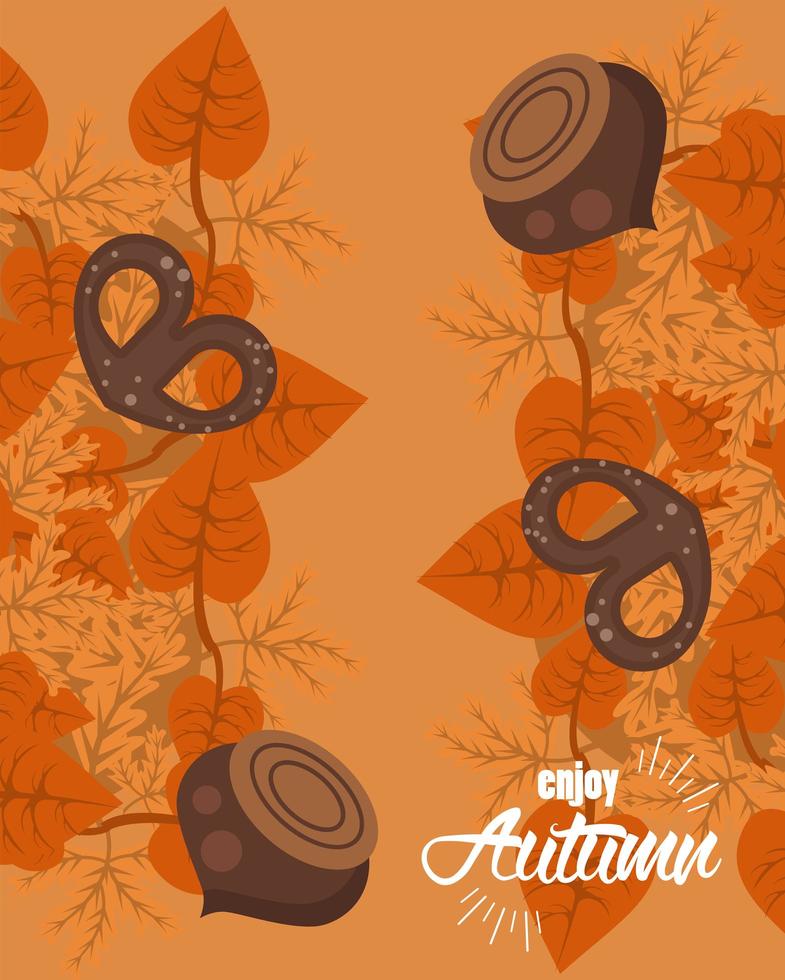 enjoy autumn lettering with leafs and nuts card vector