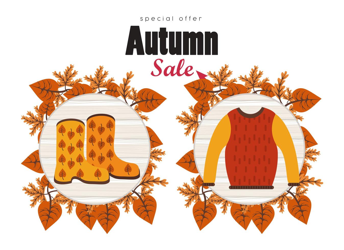 cartel de la temporada de rebajas de otoño con saco de lana y botas vector