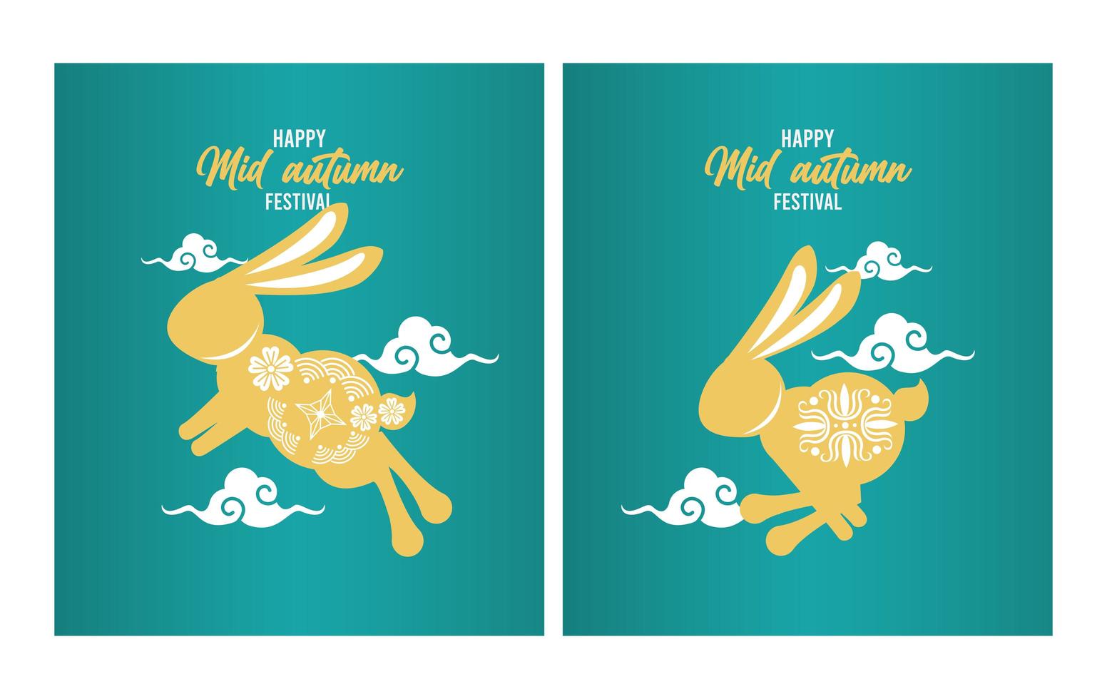 happy mid autumn lettering card with golden rabbits and clouds vector
