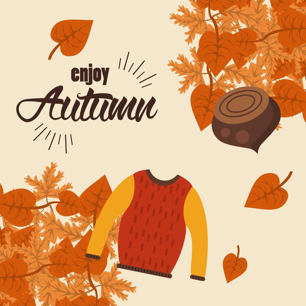 enjoy autumn lettering with wool sack and nut vector