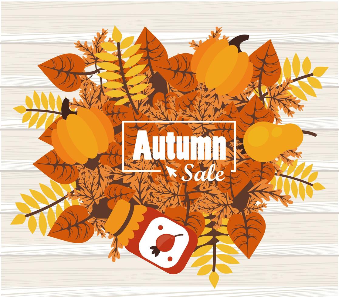 Cartel de la temporada de rebajas de otoño con especias y hojas en fondo de madera vector