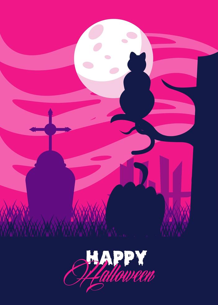 Feliz tarjeta de celebración de halloween con gato en la escena del cementerio vector