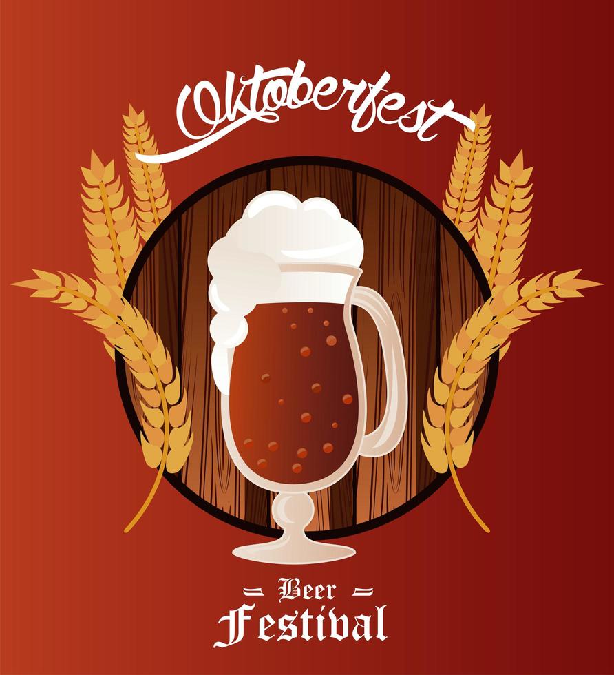 cartel del festival de celebración del oktoberfest con taza de cerveza y picos de cebada vector