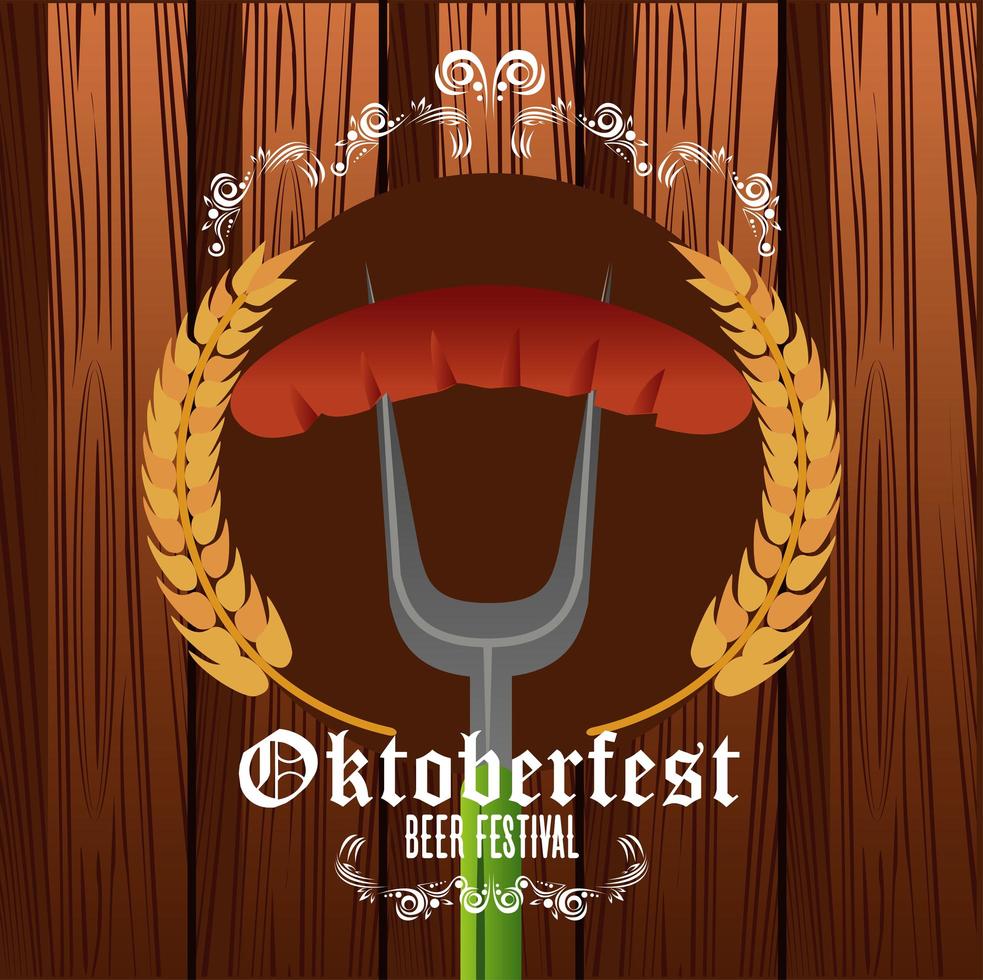 cartel del festival de celebración del oktoberfest con salchicha en tenedor y picos vector