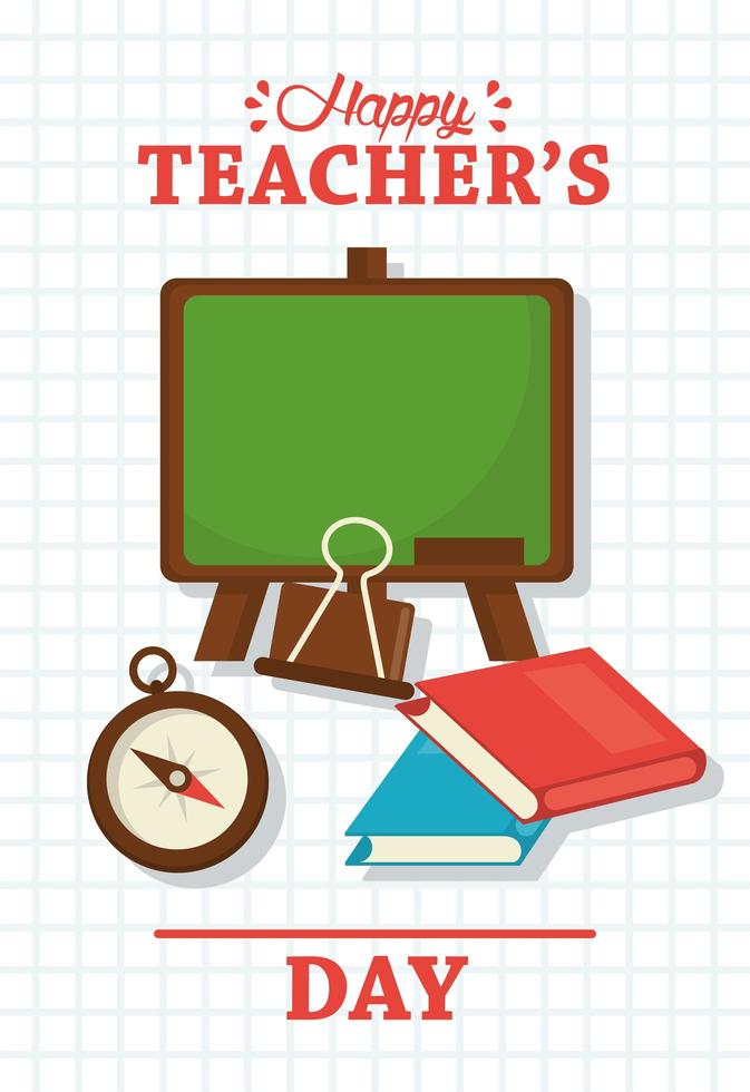 happy teachers day card with chalkboard and books vector