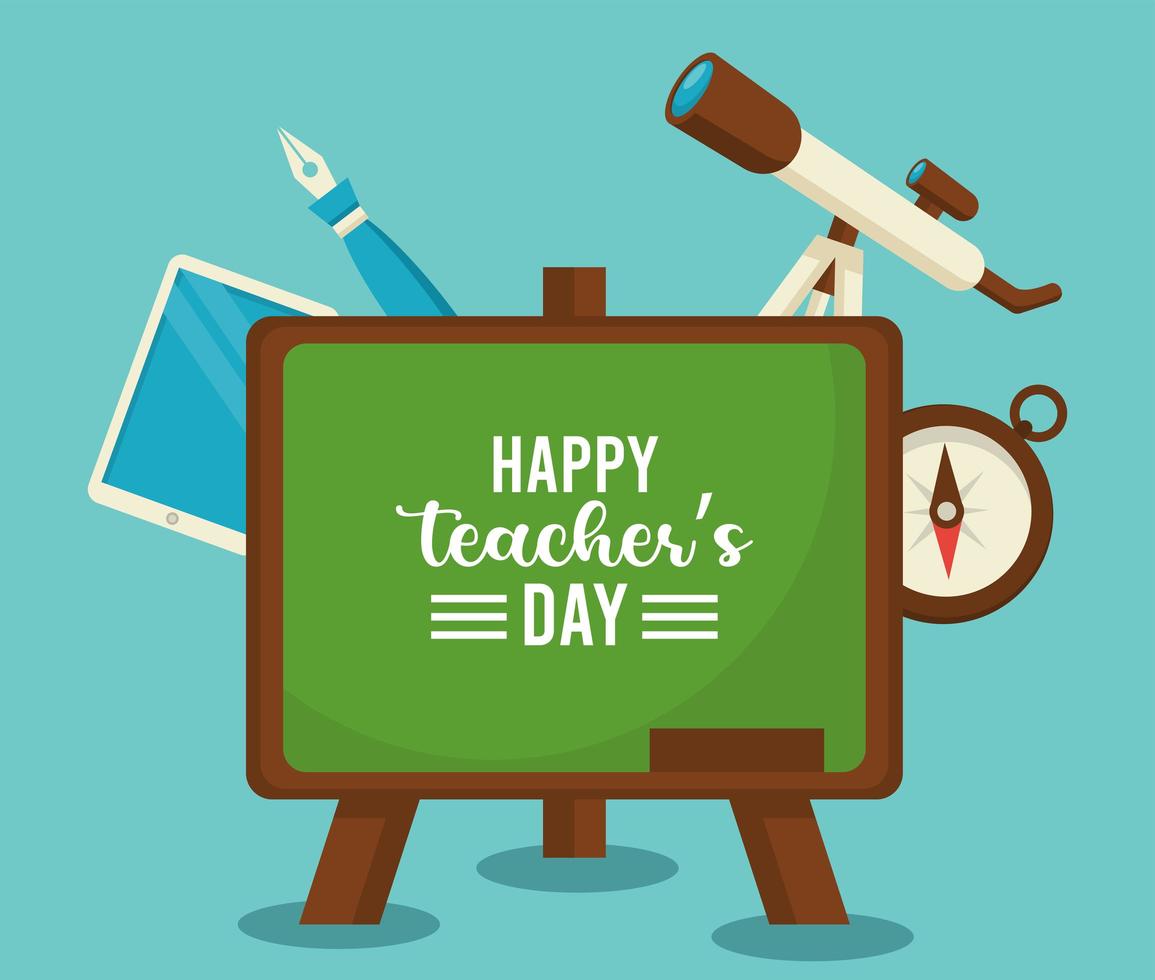 happy teachers day card with chalkboard and telescope vector
