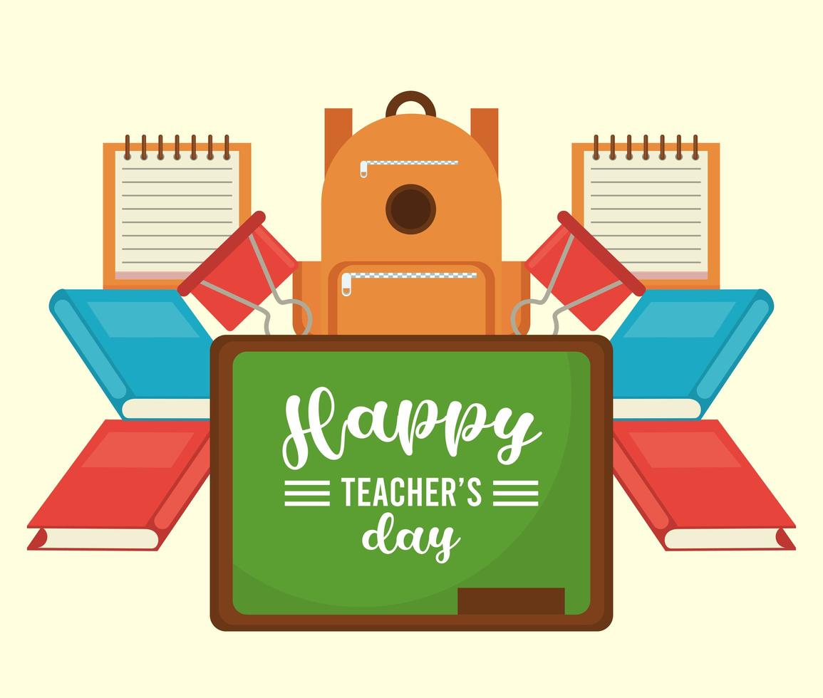 happy teachers day card with chalkboard and schoolbag vector