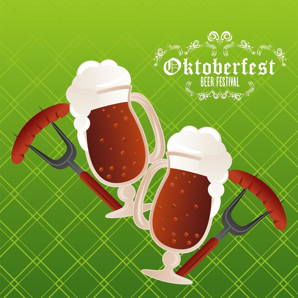 oktoberfest celebration festival poster with beers cups and sausages vector