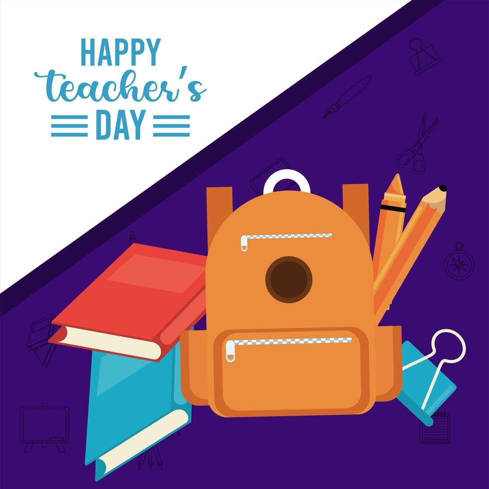 happy teachers day card with schoolbag and books vector