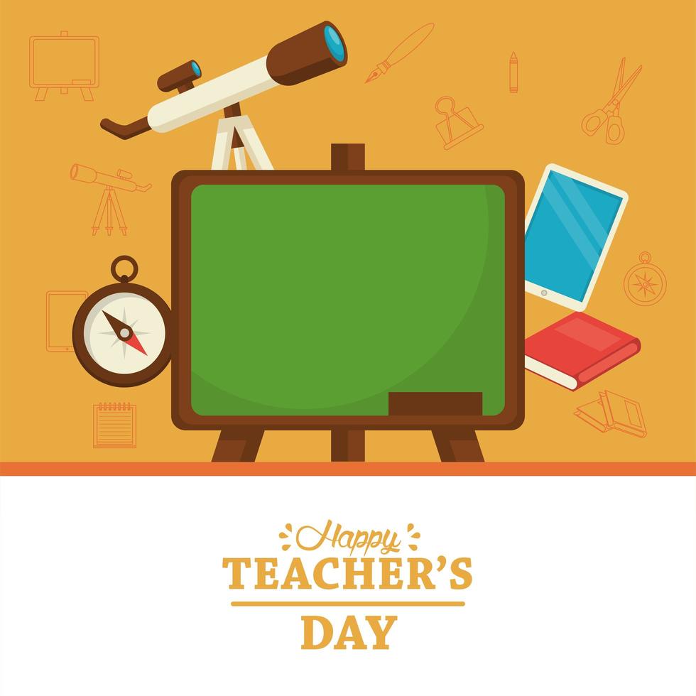 happy teachers day card with supplies and chalkboard vector