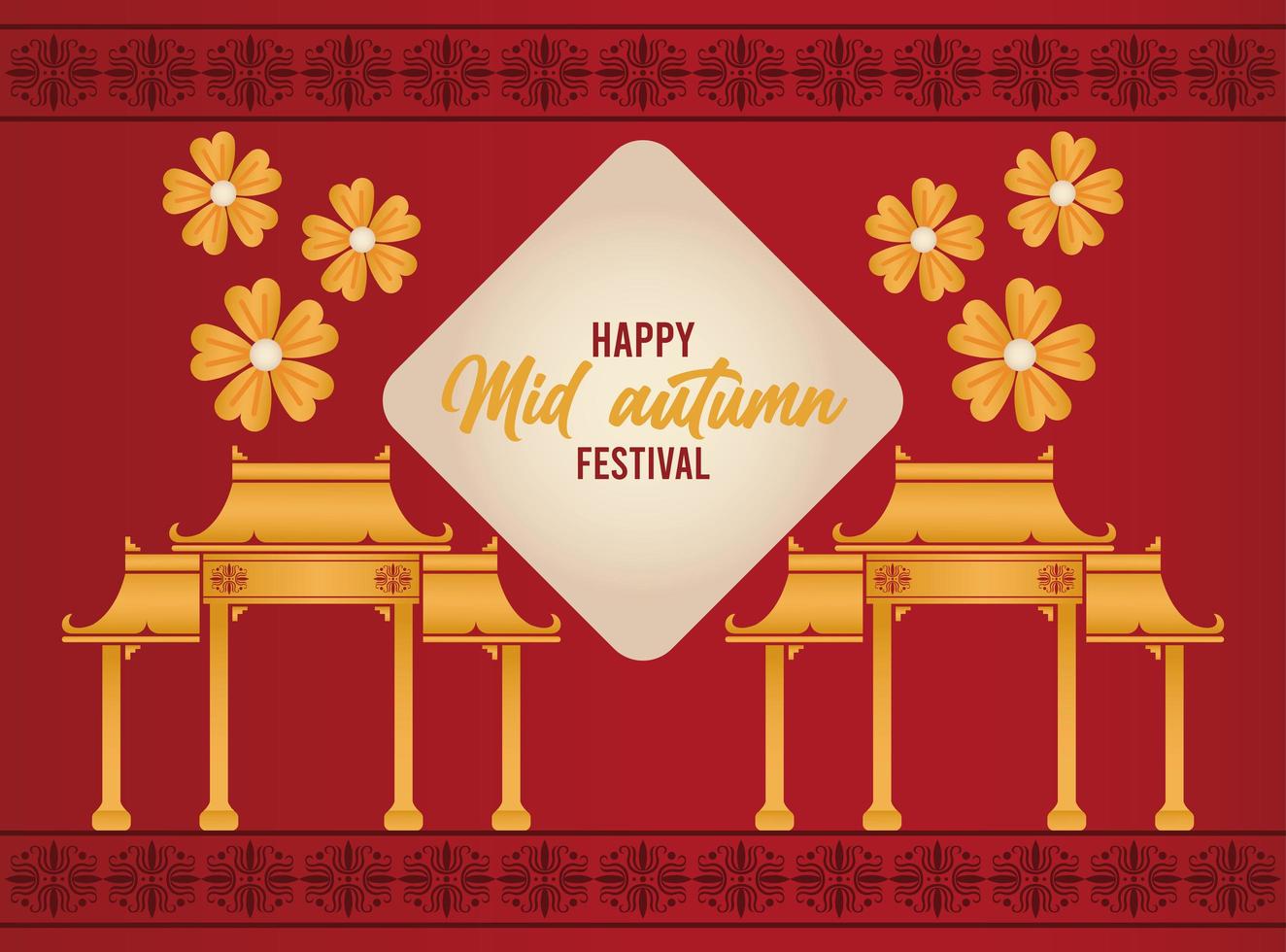 happy mid autumn lettering card with archs chineses and flowers vector