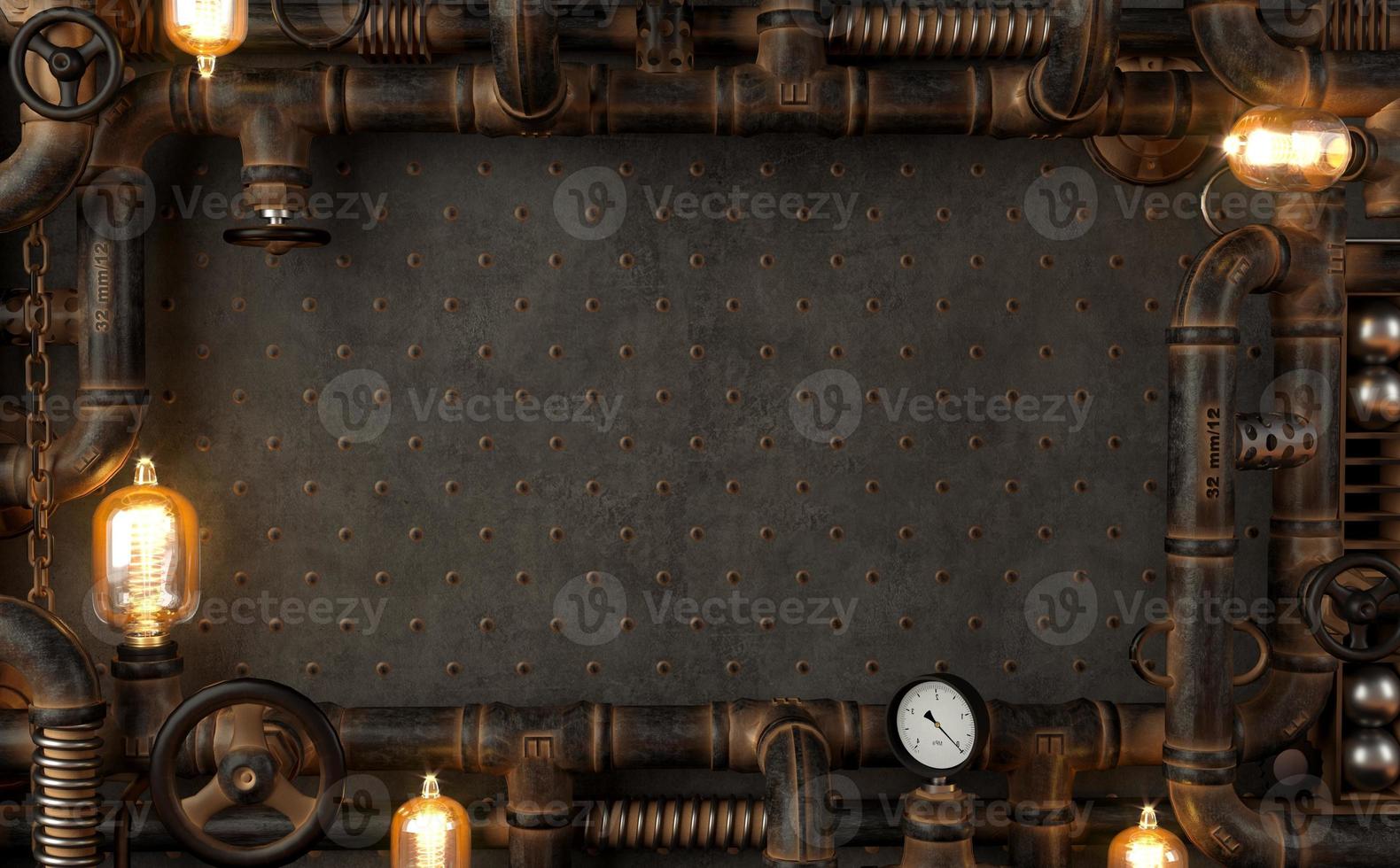 Background dark wall loft steampunk lamp from pipes photo