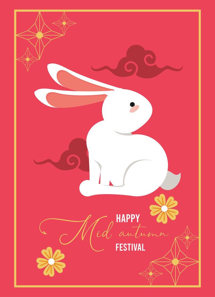 happy mid autumn lettering card with rabbit and clouds vector