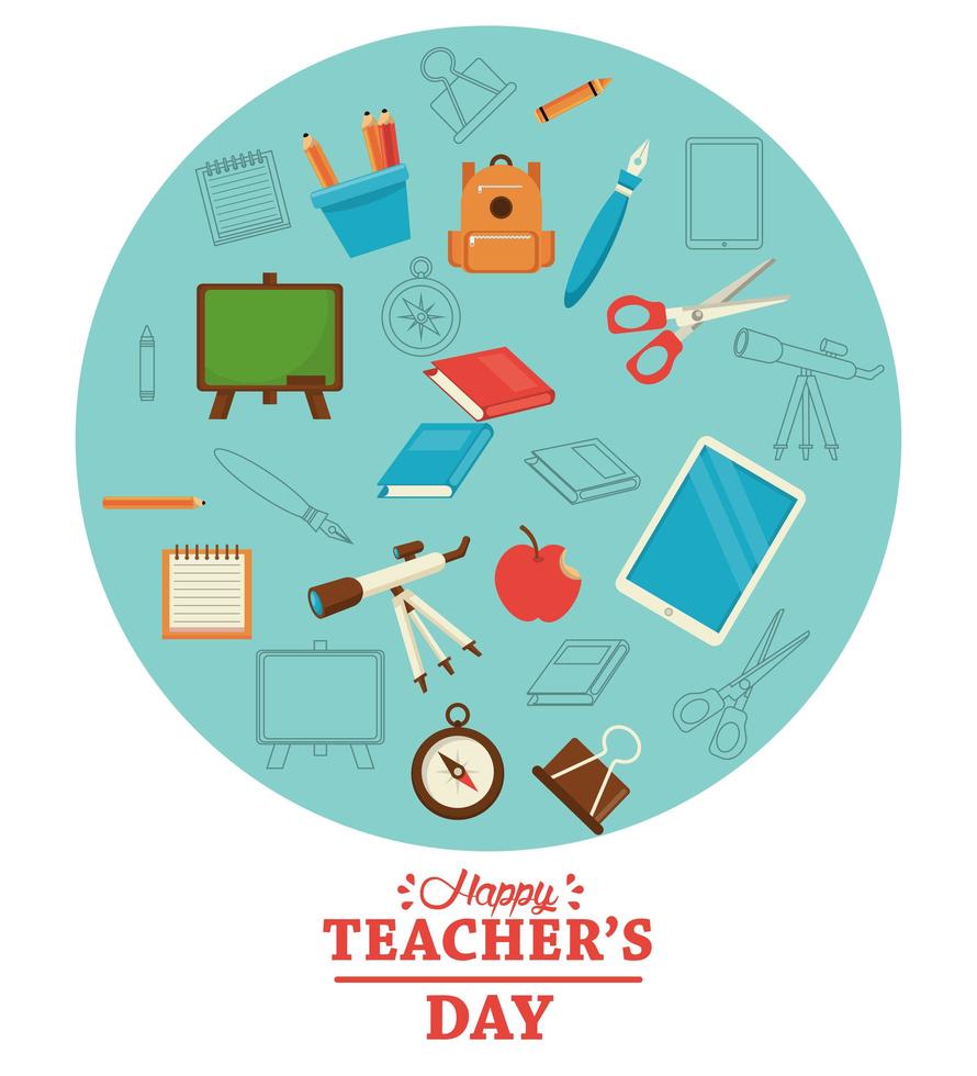 happy teachers day card lettering with bundle supplies vector
