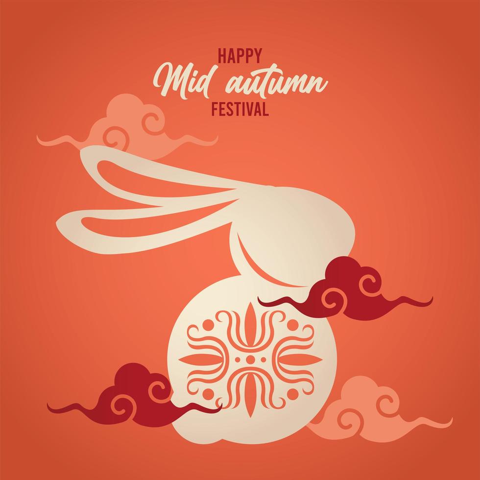 happy mid autumn lettering card with rabbit and clouds vector