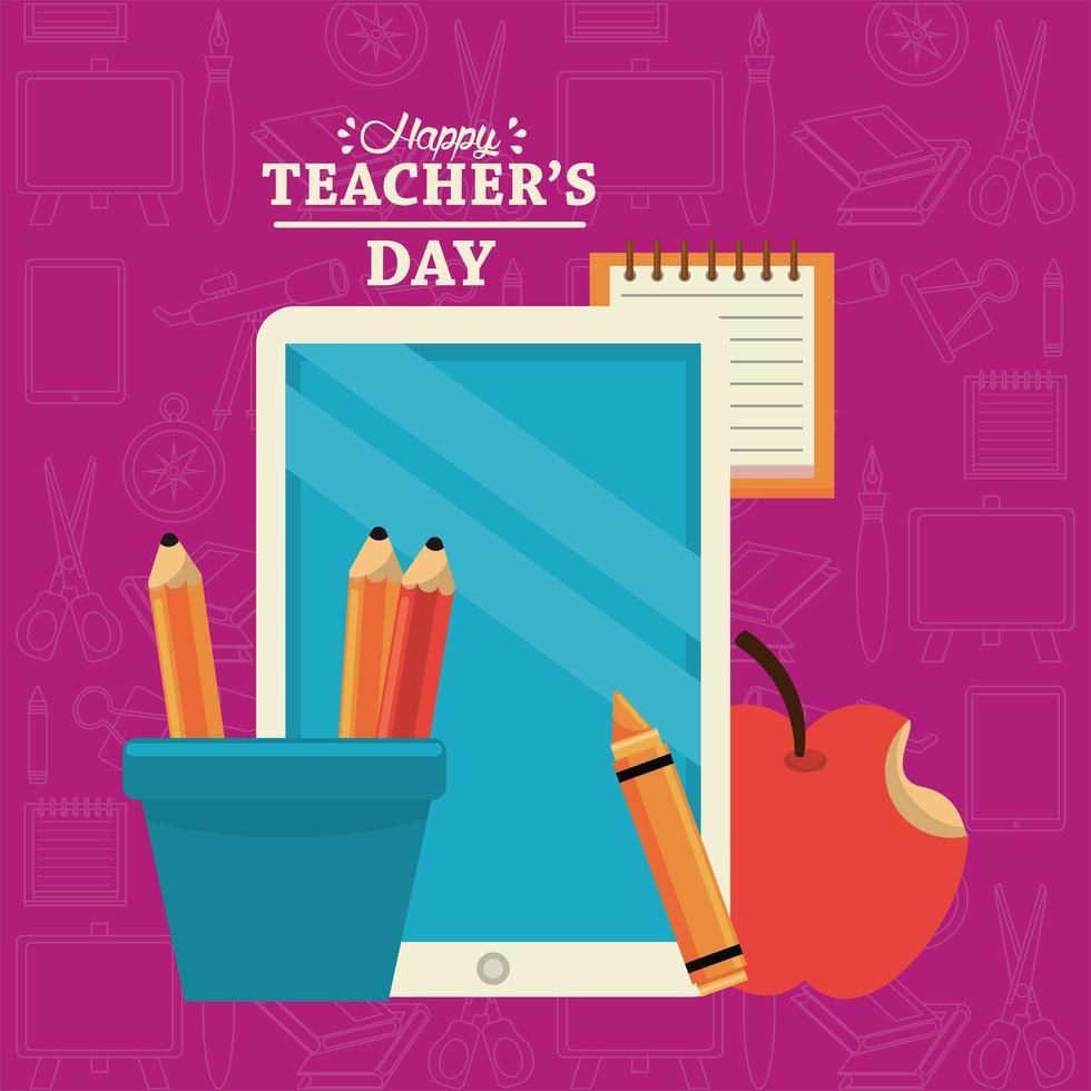 happy teachers day card with tablet elearning and pencils holders vector