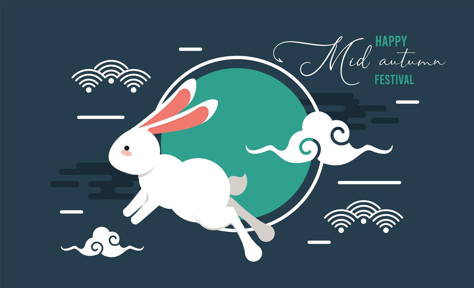 happy mid autumn lettering card with rabbit vector