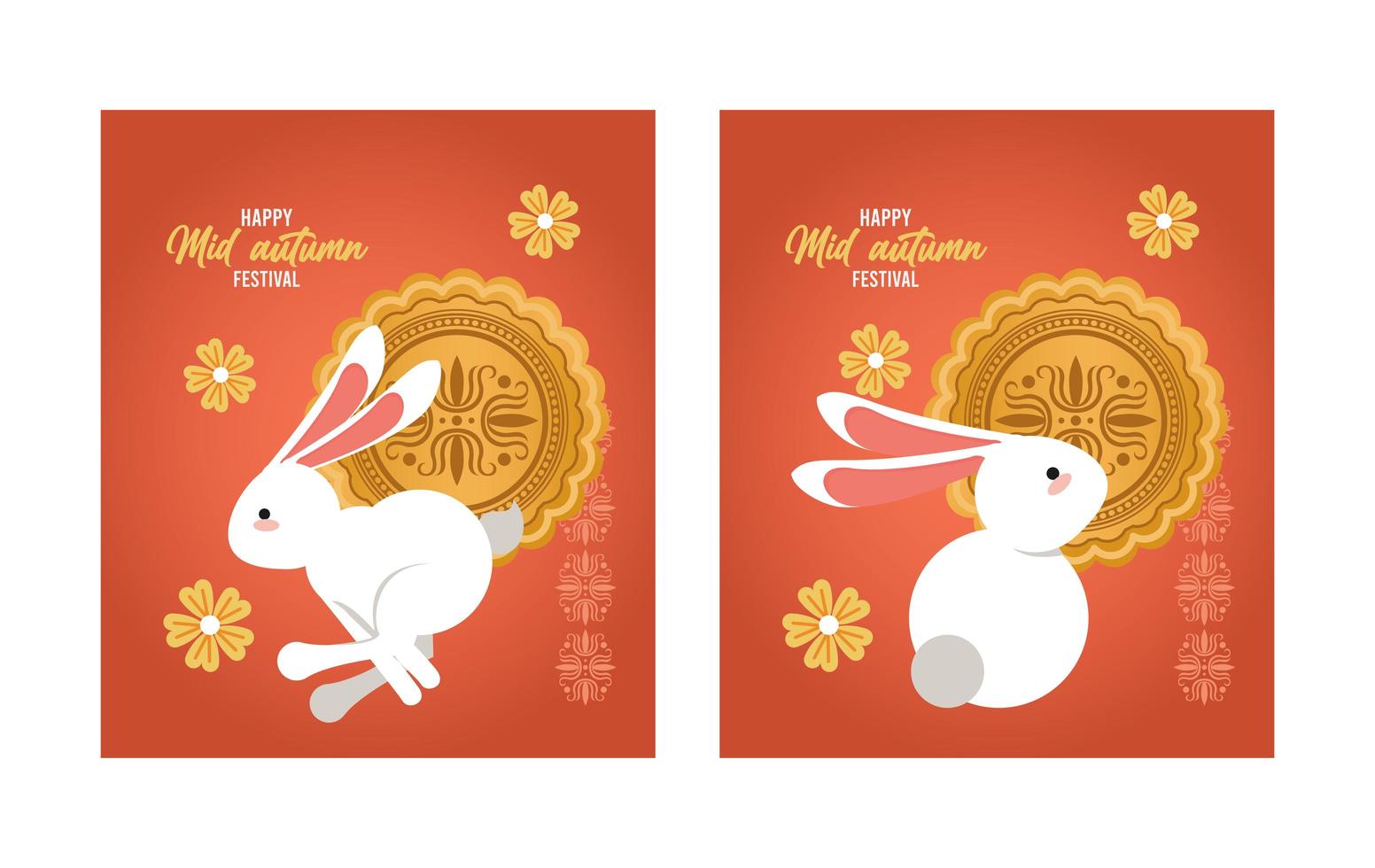 happy mid autumn lettering card with rabbits and laces golden vector