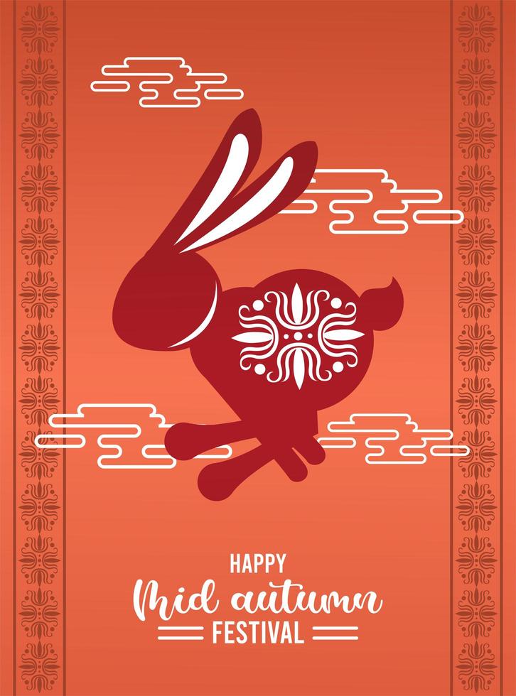 happy mid autumn lettering card with rabbit jumping and clouds vector
