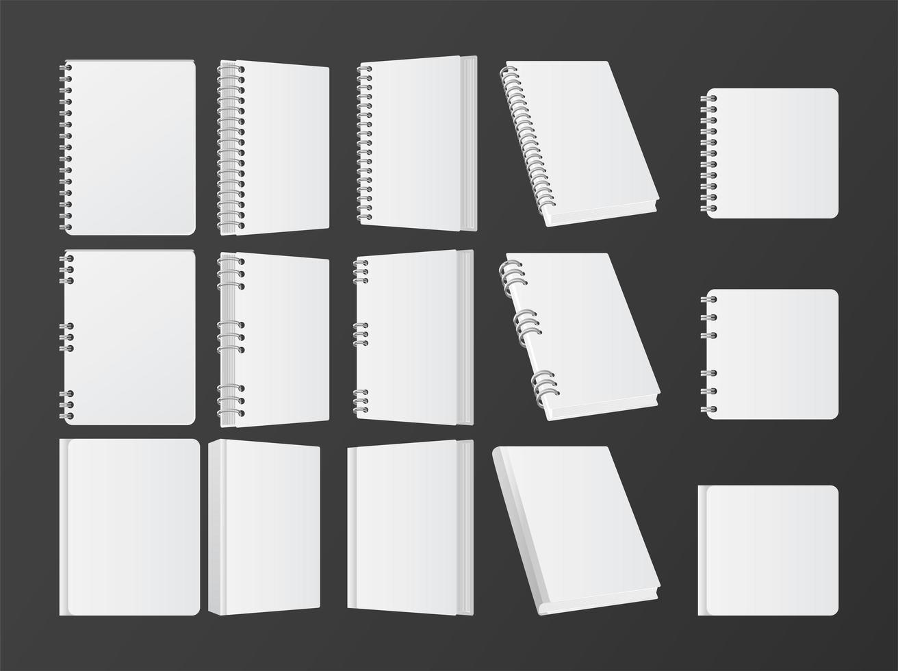 set of books and notebooks mockup color white icons vector