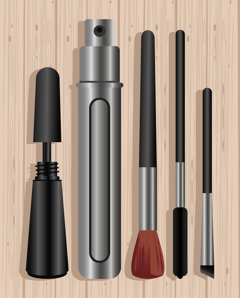 cosméticos de maquillaje en fondo de madera vector