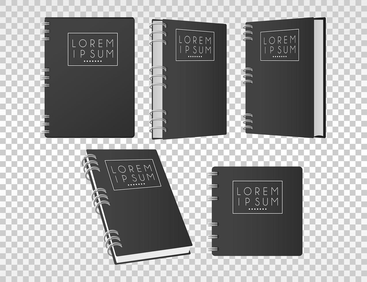 five notebooks mockup color black icons vector