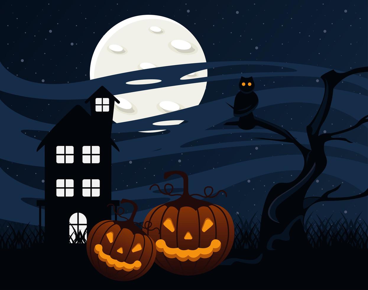 tarjeta de celebración de feliz halloween con casa embrujada y calabazas vector