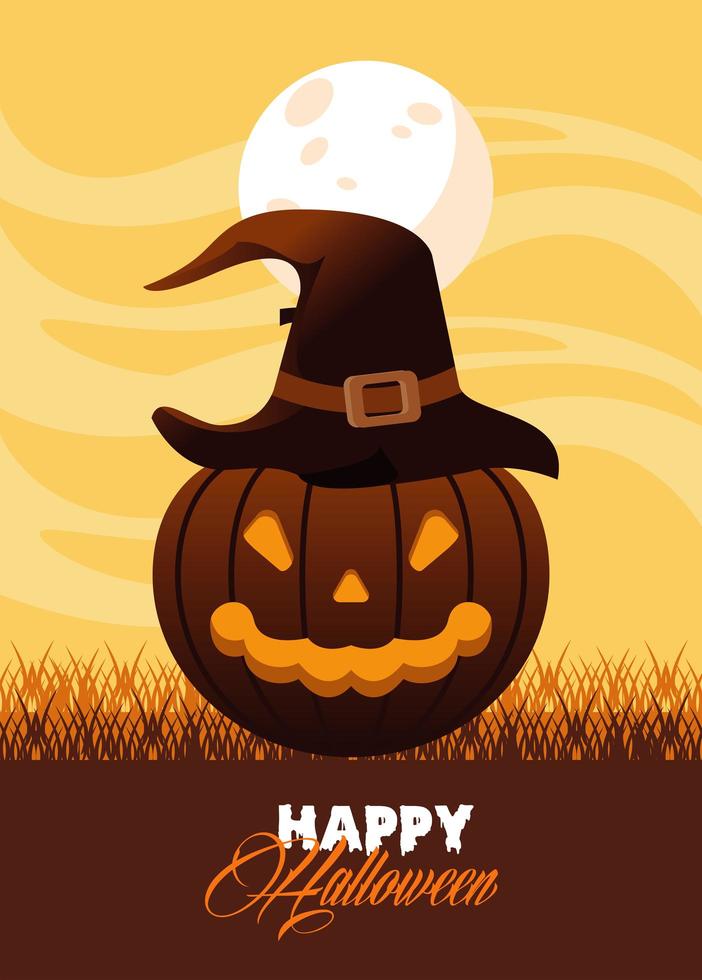 happy halloween celebration card with pumpkin and witch hat vector