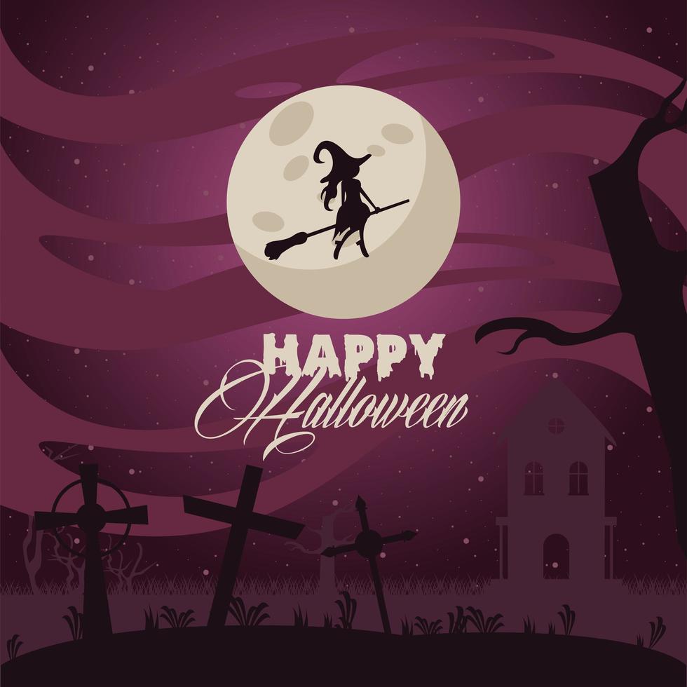 happy halloween celebration card with witch flying at moon light vector