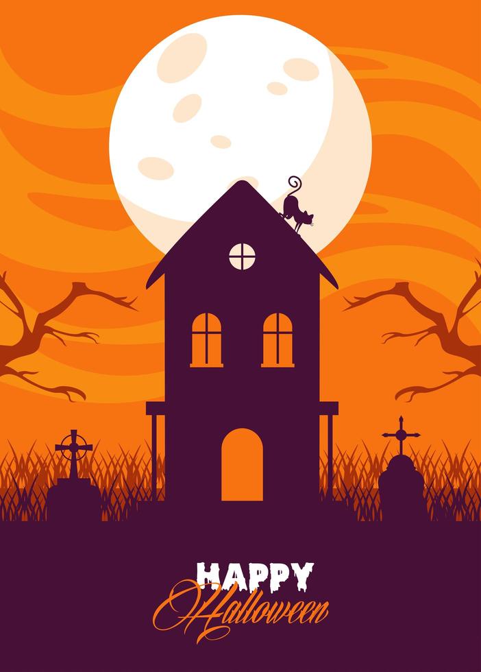 Feliz tarjeta de celebración de halloween con casa embrujada y gato vector