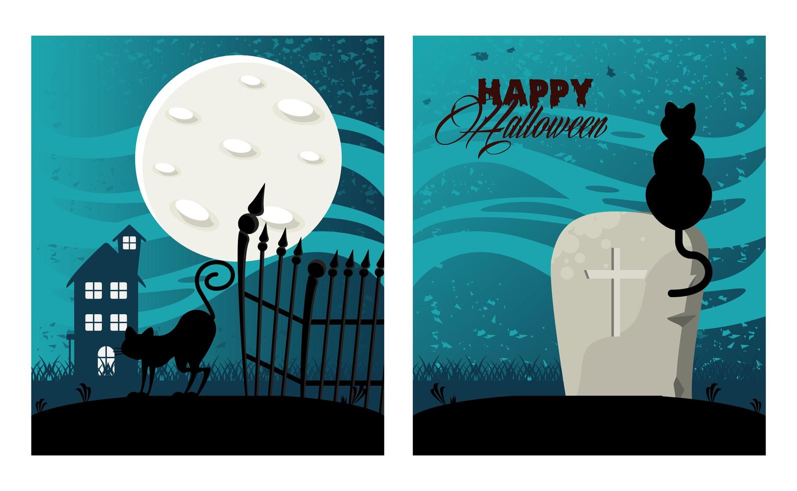 Feliz tarjeta de celebración de Halloween con casa embrujada y gatos en el cementerio vector