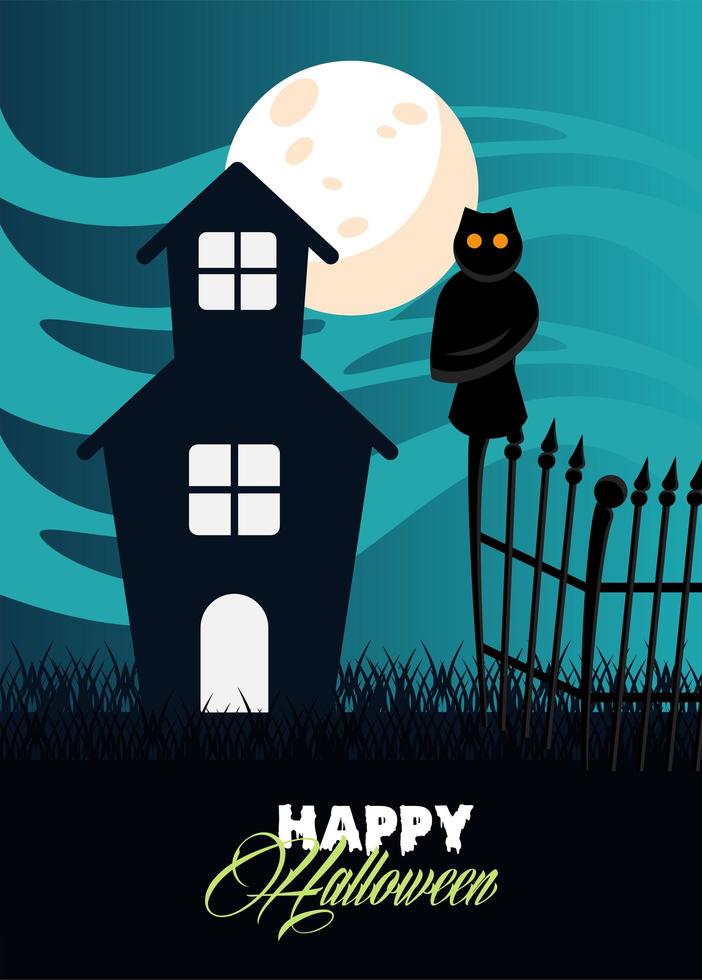 Tarjeta de celebración de feliz halloween con casa embrujada y escena de búho vector